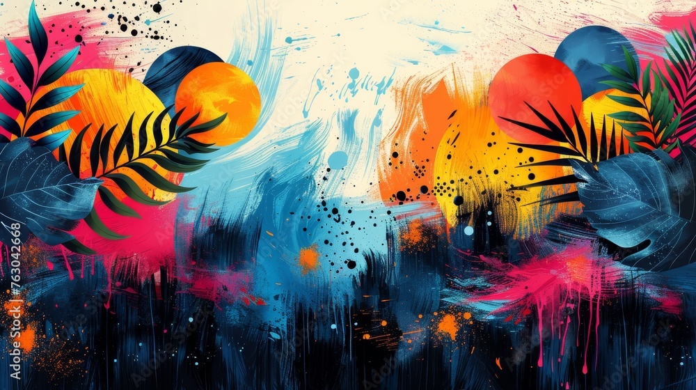 Poster an abstract contemporary pattern with hand-drawn shapes, spots, dots and lines with textures. a vibr