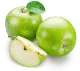 Green apple and green apple slices isolated on white background. File contains clipping path.