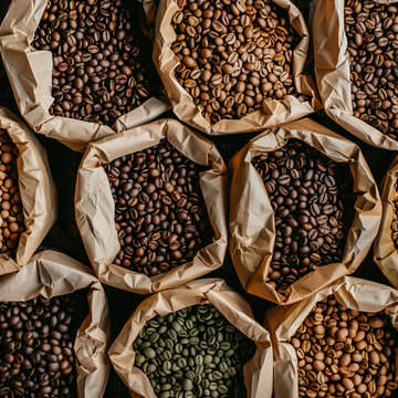 Close-up of various brown beans, including coffee beans, for sale at a market