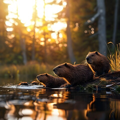 Beaver family sitting at the bank of the forest river with setting sun. Group of wild animals in...