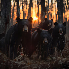 Black bear family walking towards the camera in the forest with setting sun. Group of wild animals in nature.