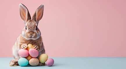 Fototapeta premium Easter bunny with colored eggs on a pink background. Copy space
