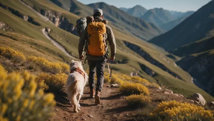 Poster Wanderer und Hund auf sonnigem Bergpfad – Blick von hinten © KraPhoto