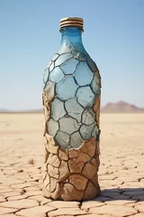 Fotobehang Water bottle covered in dry cracked soil in the desert. Global warming and lack of drinking water concept. Ai Generative © ArtmediaworX