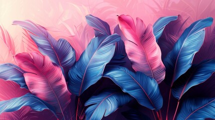 An exotic floral tropical palm tree with banana leaves in a blue style. Modern seamless pattern on a pink background. Nature plant wallpaper.