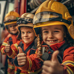 Group of children doing their dream job as Firemen standing next to the fire truck. Concept of Creativity, Happiness, Dream come true and Teamwork.