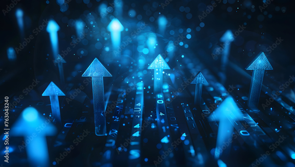 Poster user abstract background with a blue glowing arrows pointing upwards, representing growth and progre