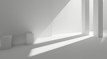 Abstract image of an empty white room made in a flat style, minimalism, squares, simple geometric shapes, columns. Architecture, interior, lack of furniture, unusual design. Generative by AI