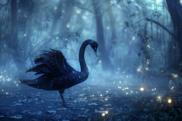 A black swan gracefully dances in a moonlit forest clearing, surrounded by glowing fireflies and mystical fog, creating an enchanting and otherworldly scene.
