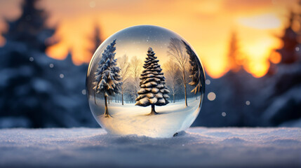 Fototapeta na wymiar Christmas glass ball with tree in it on winter back