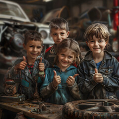 Group of children smiling, having thumbs up doing their dream job as Car Mechanics at the workshop. Concept of Creativity, Happiness, Dream come true and Teamwork.