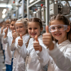 Group of children doing their dream job as Physicists at the laboratory. Concept of Creativity, Happiness, Dream come true and Teamwork.