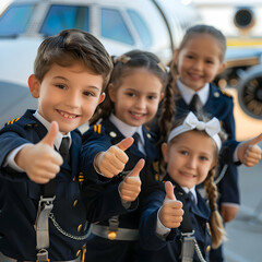 Group of children doing their dream job as Stewards standing next to the airplane. Concept of Creativity, Happiness, Dream come true and Teamwork.