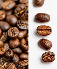 Isolated brown coffee beans on a white background offer a close-up look at the beans' texture
