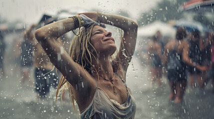 summer music festival-goer dancing in the rain at a summer music festival - obrazy, fototapety, plakaty