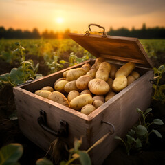Potatoes harvested in a wooden box with field and sunset in the background. Natural organic fruit abundance. Agriculture, healthy and natural food concept. Square composition. - obrazy, fototapety, plakaty