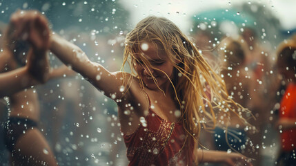 summer music festival-goer dancing in the rain at a summer music festival