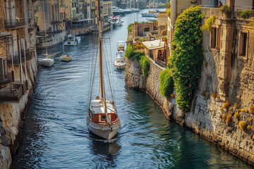 Fototapeta na wymiar A majestic yacht navigating a historic channel, with ancient stone walls and bustling activity creating a charming cityscape backdrop.