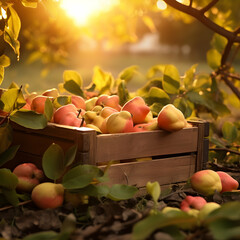 Quince fruit harvested in a wooden box in a field with sunset. Natural organic vegetable abundance. Agriculture, healthy and natural food concept. Square composition.