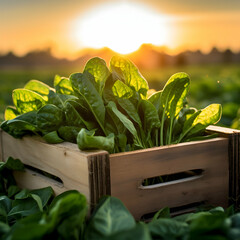 Spinach leaves harvested in a wooden box in a field with sunset. Natural organic vegetable abundance. Agriculture, healthy and natural food concept. Square composition.