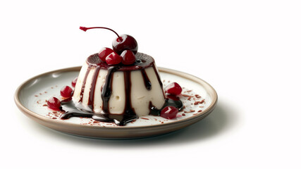 Tempting delicious traditional Italian desert vanilla panna cotta with chocolat sause and topped with glace cherry