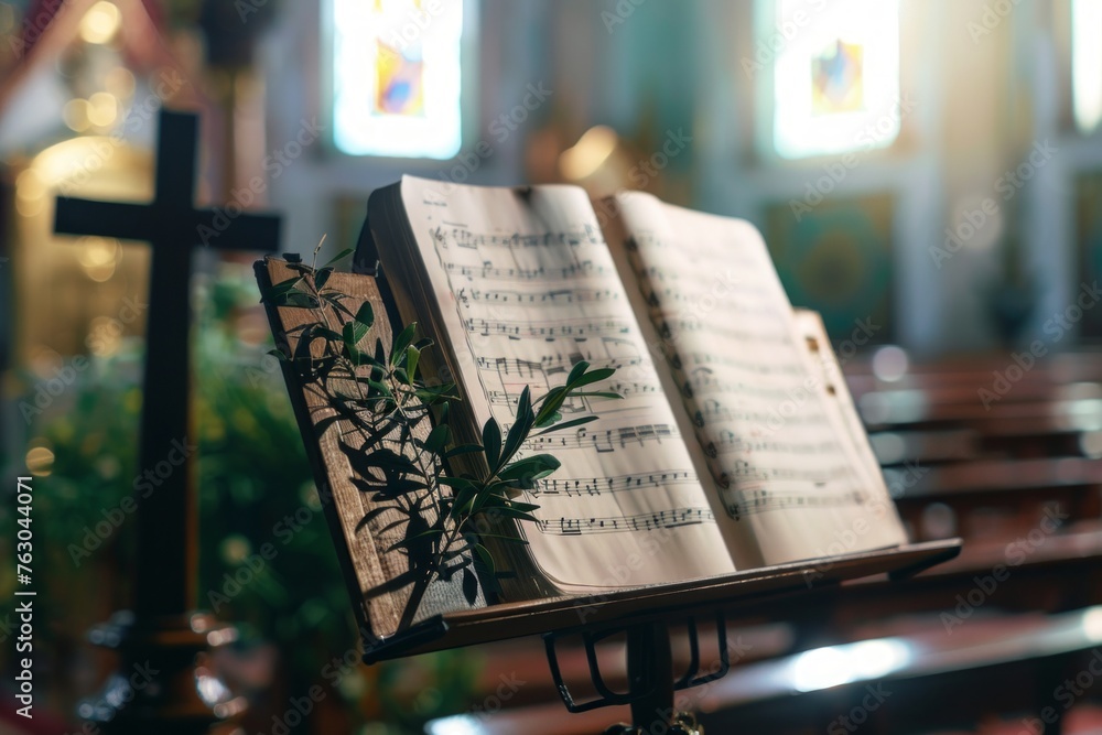 Wall mural concept of choral songs for palm sunday celebration with music stand with score decorated with olive