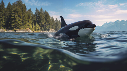 Majestic Orca Swimming in Coastal Waters with Coniferous Forest in the Background, Capturing the Beauty of Marine Life and Nature's Harmony