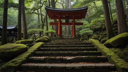 Poster A red torii gate in a forest with stone guardians   © Adobe