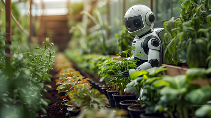 The future of agriculture and horticulture. A mechanical robot attending and harvesting food crops