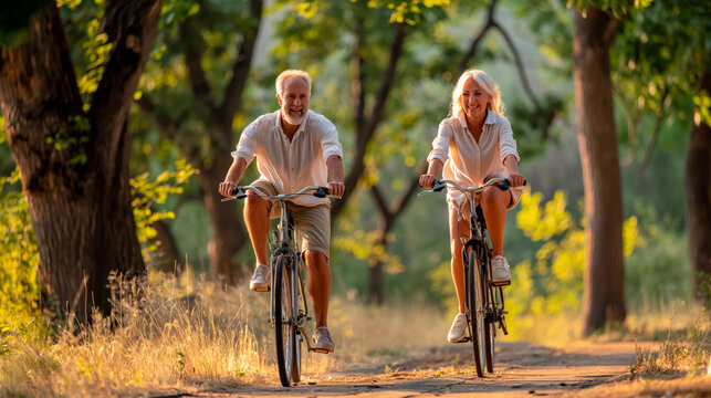 Older mature cycling couple keeping fit healthy and active by riding bikes