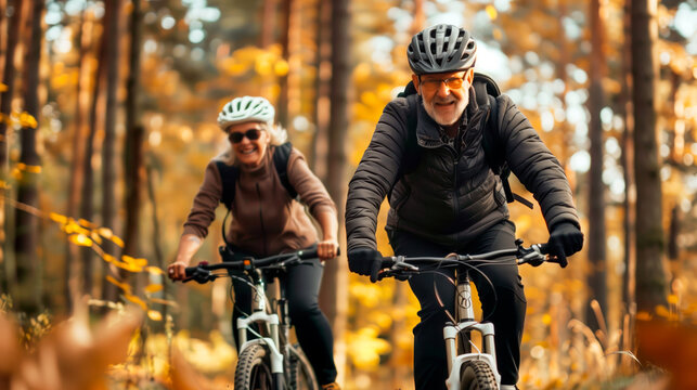 Older mature cycling couple keeping fit healthy and active by riding bikes