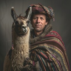 Portrait of a man in a traditional costume with alpaca