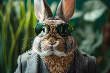 A cool Easter bunny wearing a suit and sunglasses, bringing a stylish and fun twist to the holiday celebration.