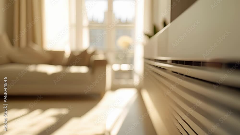 Poster a topdown view of a beige panel heater highlighting its slim design and evenly spaced horizontal lin