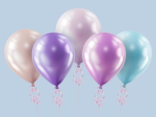 A group of shiny pastel balloons with curly ribbons against a light blue backdrop, symbolizing celebration and fun.