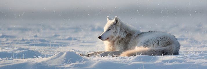 White Arctic Wolf: Majestic Predator Enduring Isolation and Arctic Winters - obrazy, fototapety, plakaty