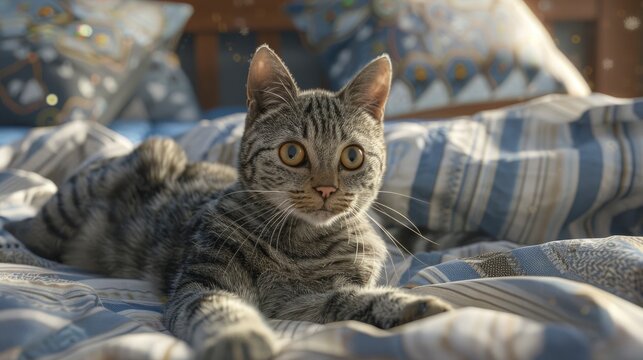 Gray Striped Cat Lies Bed, Banner Image For Website, Background, Desktop Wallpaper