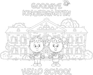 Greeting card with happy little schoolboy and schoolgirl first graders with schoolbags in front of their pretty school or kindergarten with green trees and bushes, vector cartoon illustration