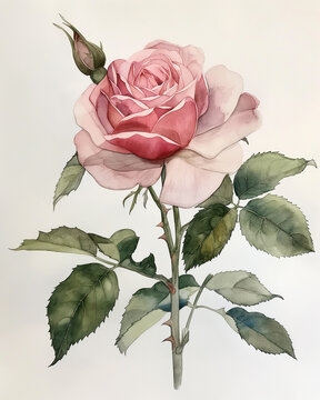 Watercolor rose on white background. Watercolor colorful rose illustration.