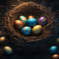 Easter eggs in a nest on a dark background. detailed matte painting, deep color, fantastical, intricate detail, splash screen, complementary colors, fantasy concept art, 8k resolution trending