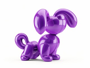 A glossy purple balloon dog sculpture isolated on a white background, symbolizing creativity and pop art.