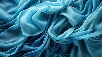 Closeup of rippled blue silk fabric, abstract background.