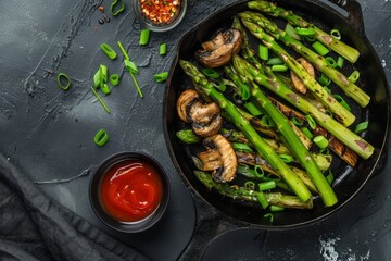 Cut asparagus and shiitake mushrooms in a cast iron skillet with green onions and chili sauce on the side on a black background.