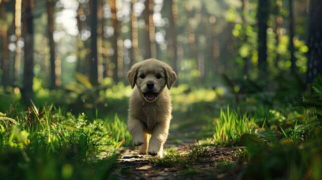 Happy Pet Dog Puppy Walking Forest, Banner Image For Website, Background, Desktop Wallpaper