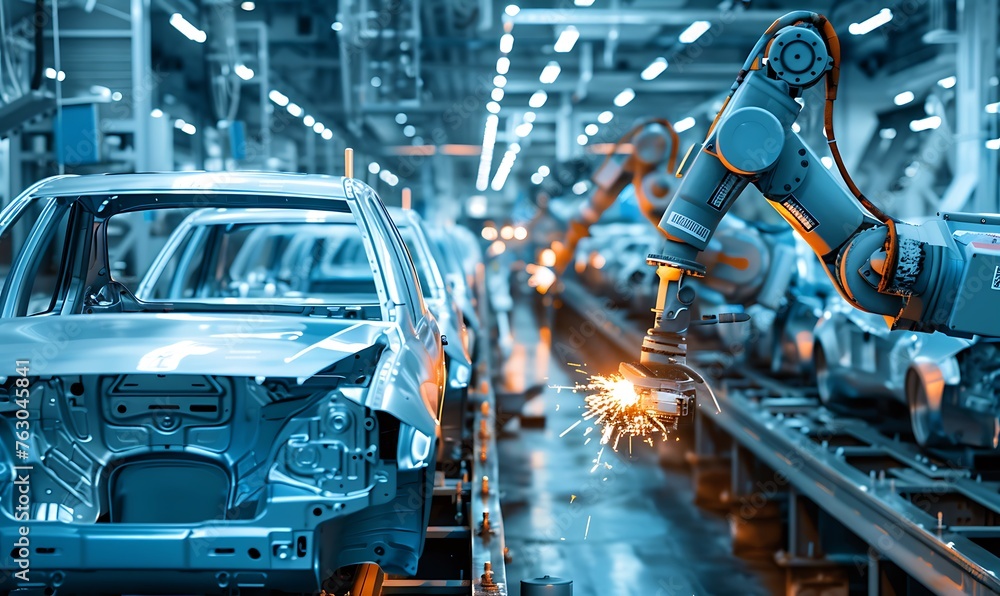 Poster Efficient Car Factory, Robotic Assembly Line in Action