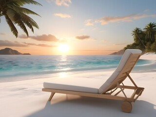 Summer Beach lounge chair on white beach sunset sea view - 3D rendering By alim graphic