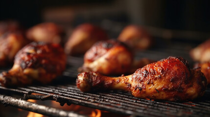 juicy seasoned chicken drumsticks on a grill with smoking, generated ai image - obrazy, fototapety, plakaty