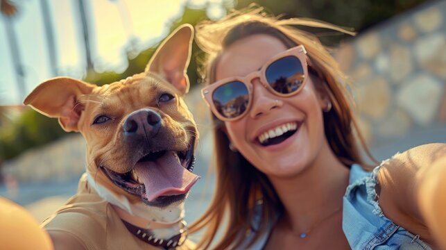 Happy Young Woman Taking Selfie Dog, Banner Image For Website, Background, Desktop Wallpaper