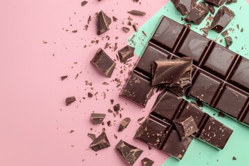 Dark chocolate bar pieces on a pink and mint green color blocked background.