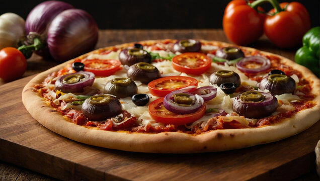 A pizza with olives, tomatoes, onions and peppers on a wooden table.

